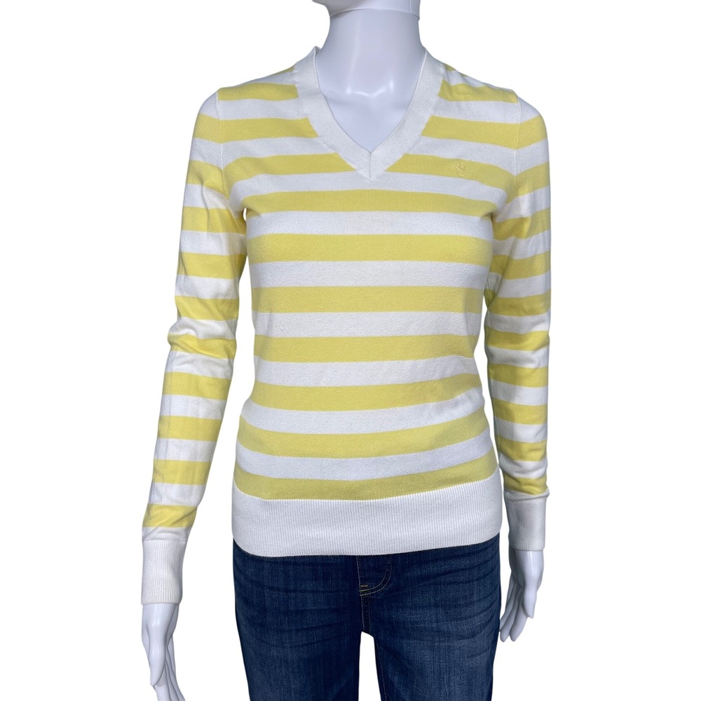 Lilly Pulitzer Amalie XS Yellow White Striped V-Neck Palm Tree Sweater Cotton